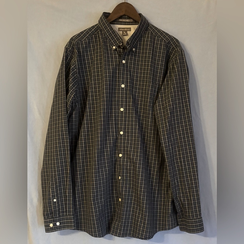 Men's Tall XL Eddie Bauer Wrinkle Free Black Plaid Button Down Shirt